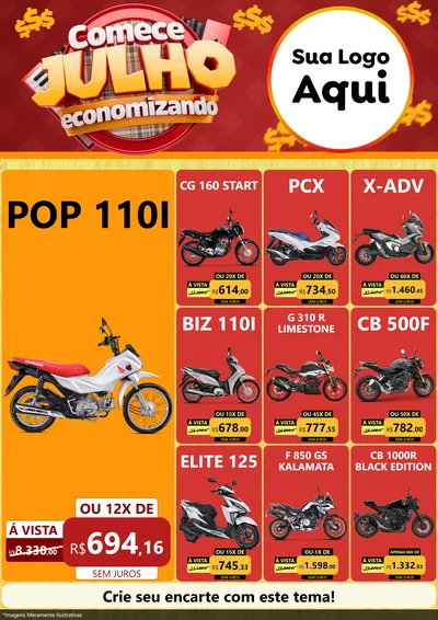 Modelo de Encarte para Encarte A4 Vertical com o tema Comece Julho Economizando para Concessionaria de Motos