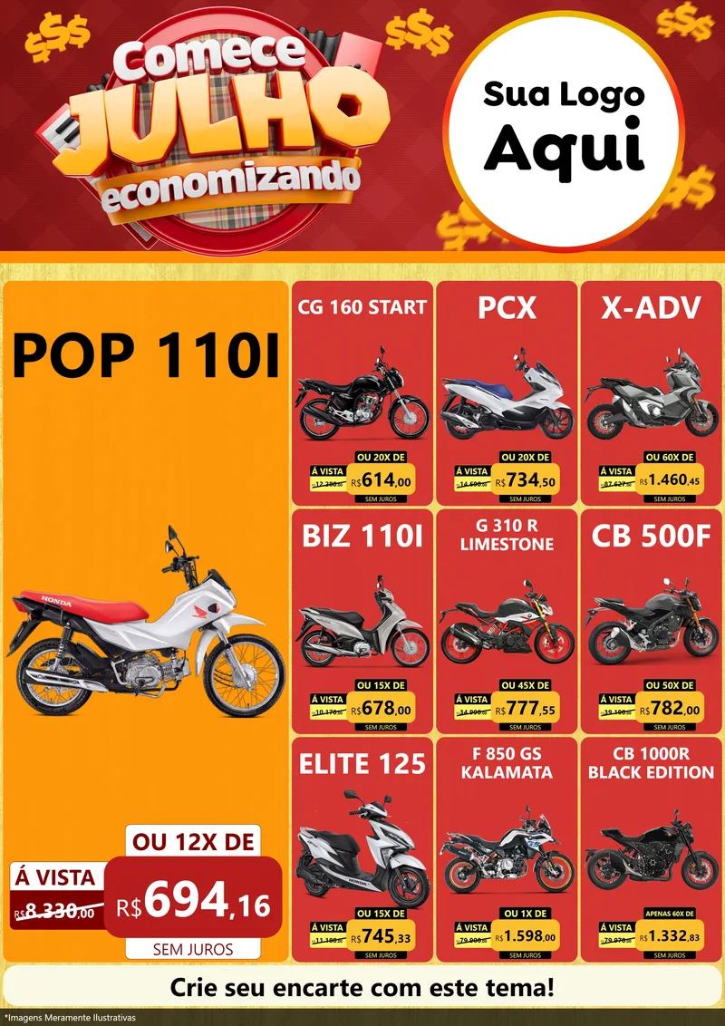 Modelo de Encarte para Encarte A4 Vertical com o tema Comece Julho Economizando para Concessionaria de Motos