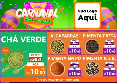 Modelo de Encarte para Encarte A4 Horizontal com o tema Pré-Carnaval Com Economia para Produtos Naturais