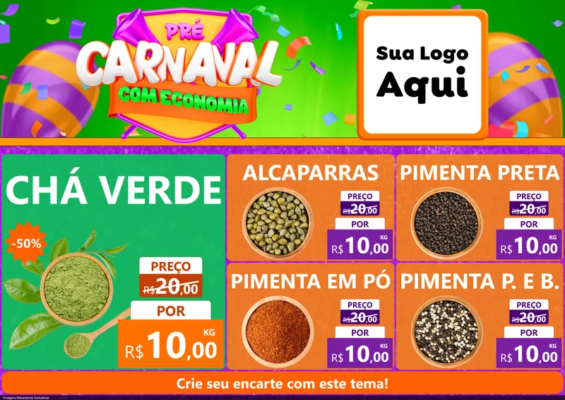 Modelo de Encarte para Encarte A4 Horizontal com o tema Pré-Carnaval Com Economia para Produtos Naturais