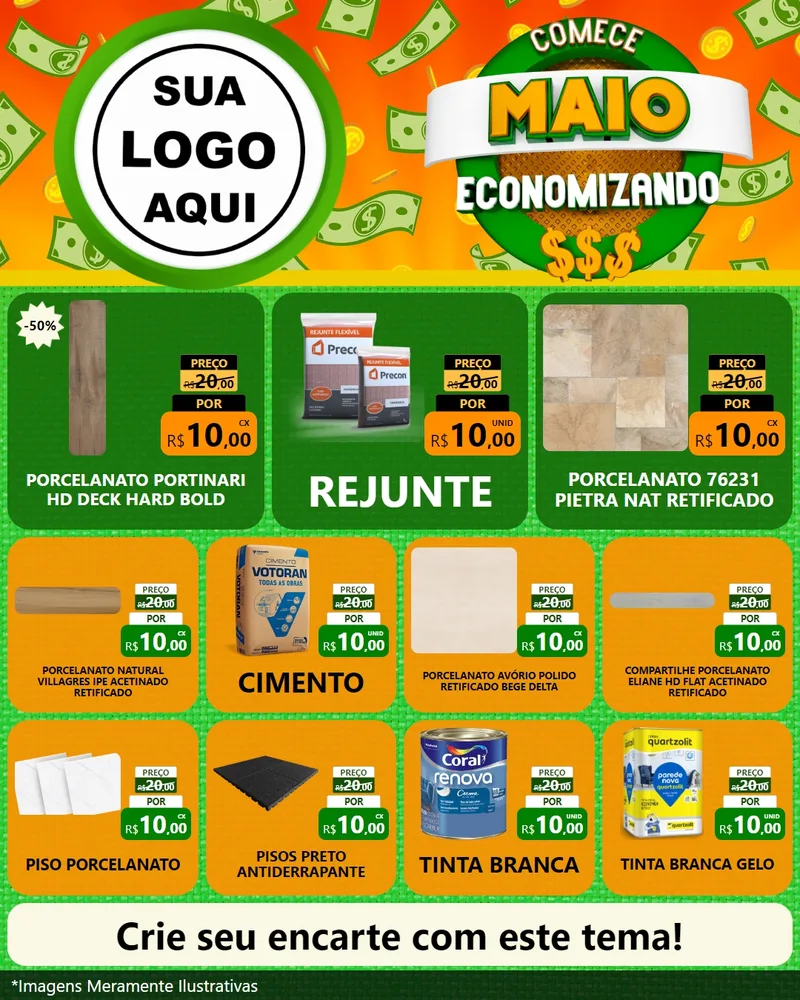 Modelo de Rede Social para Feed Instagram com o tema Comece Maio Economizando para Pisos e revestimentos