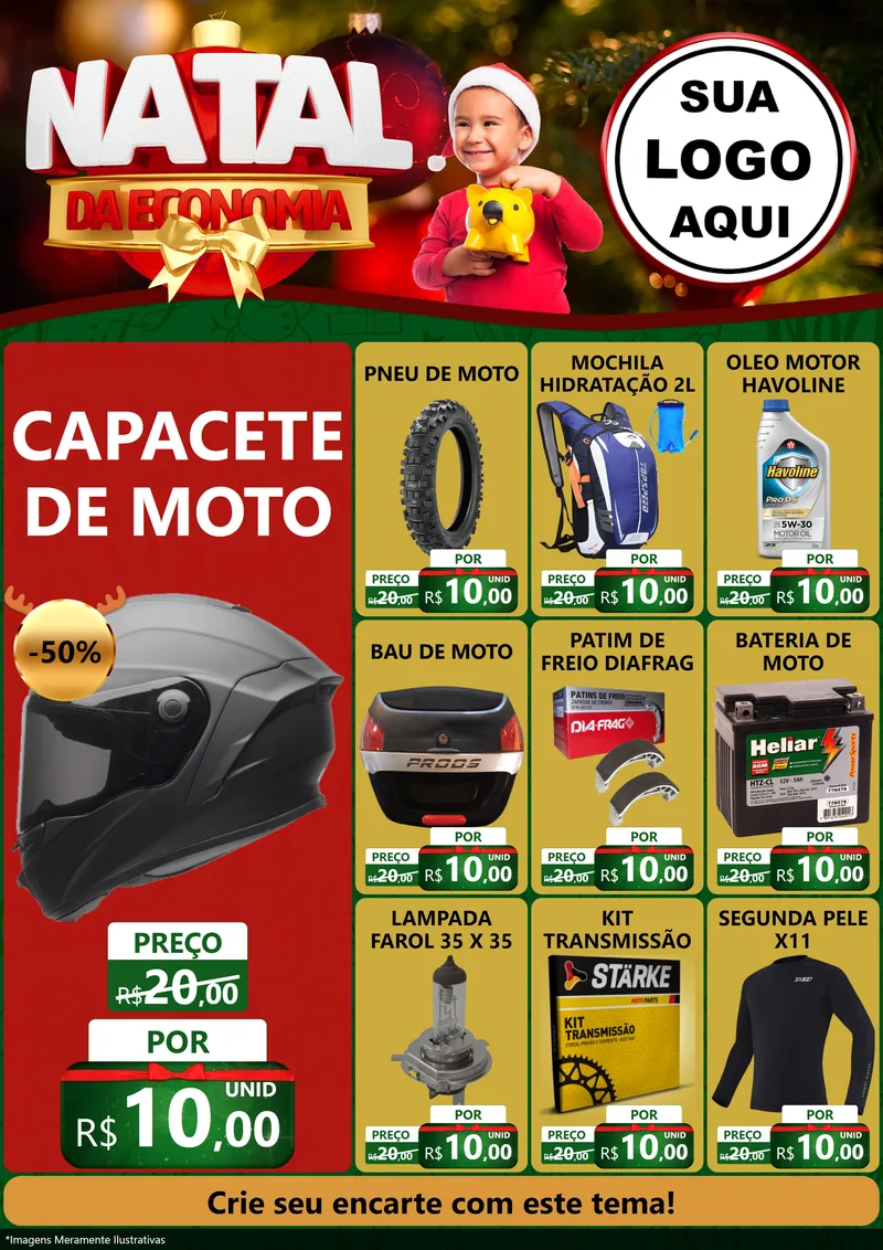 Modelo de Encarte para Encarte A4 Vertical com o tema Natal da Economia para Moto peças