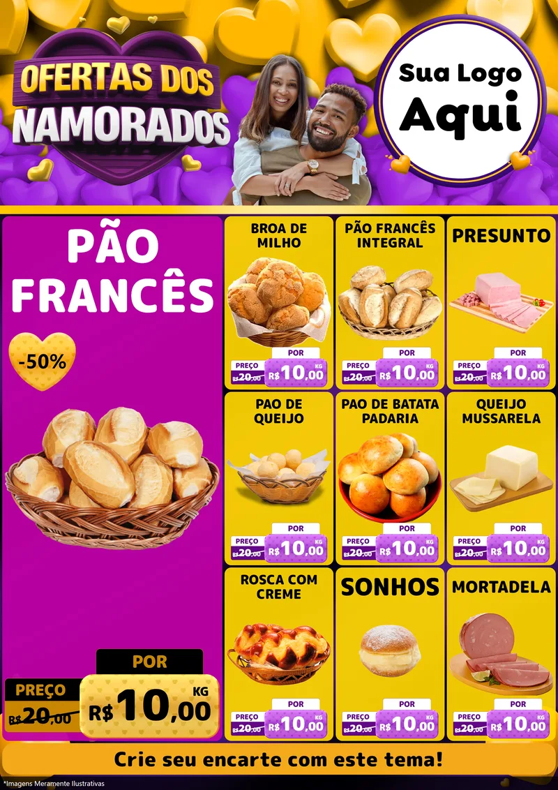 Modelo de Encarte para Encarte A4 Vertical com o tema Oferta Dos Namorados para Padaria