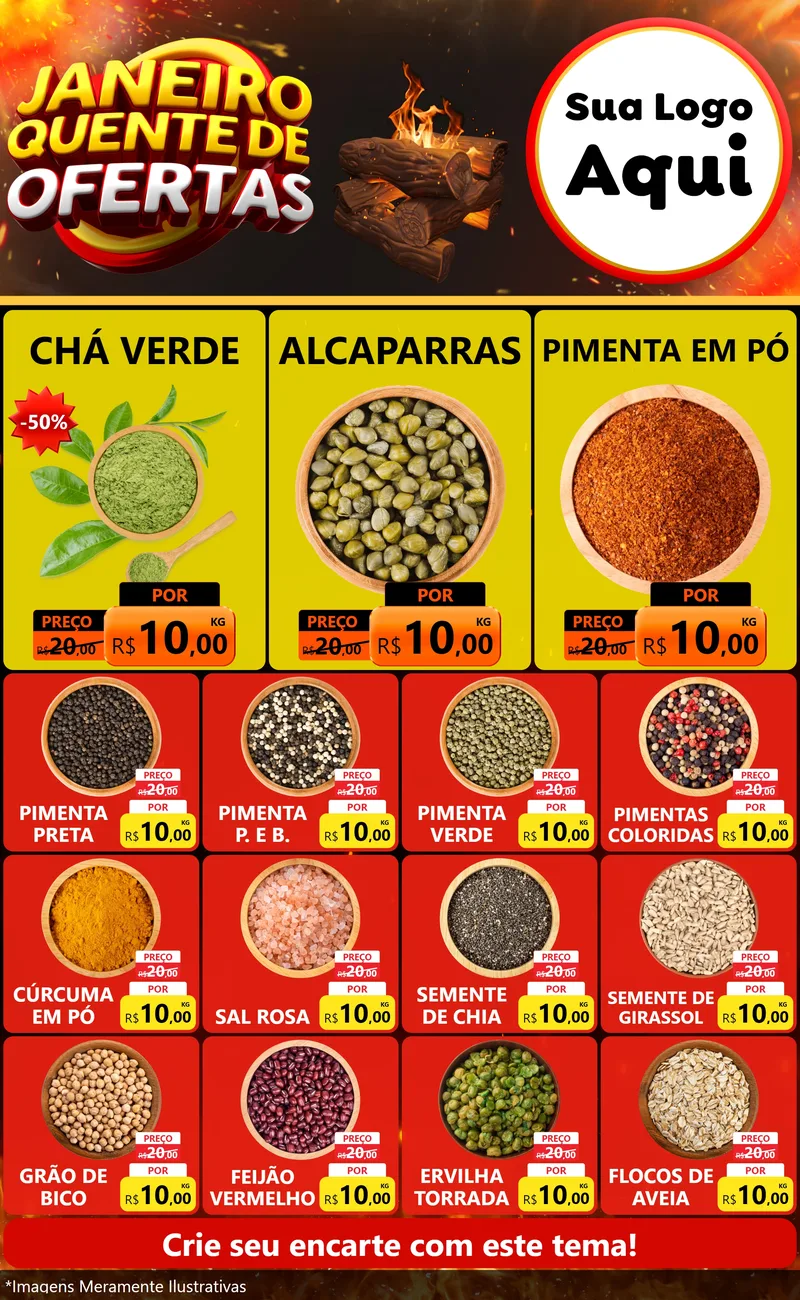Modelo de Encarte para Encarte Grande com o tema Janeiro Quente de Ofertas para Produtos Naturais