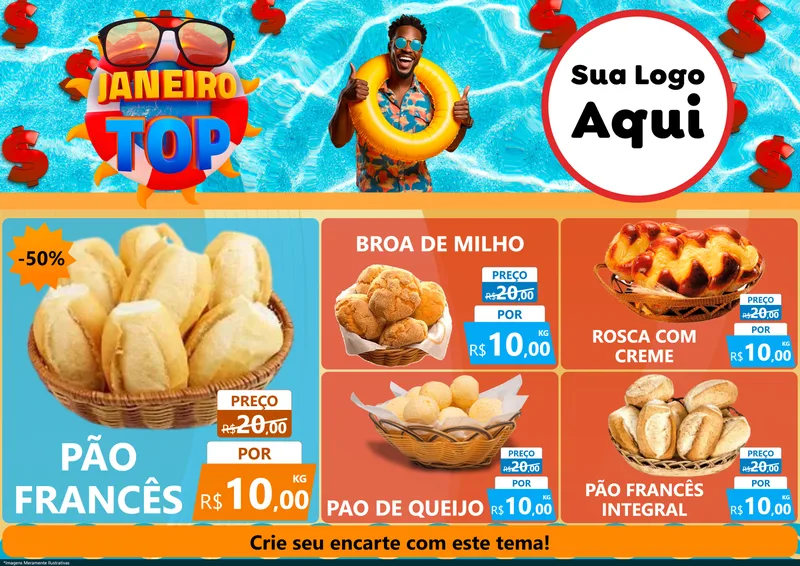Modelo de Encarte para Encarte A4 Horizontal com o tema Janeiro Top para Padaria
