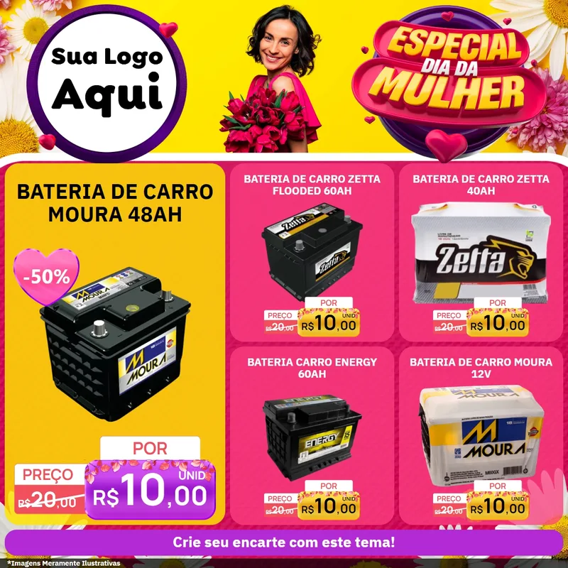 Modelo de Rede Social para Feed Facebook com o tema Especial Dia da Mulher para Baterias Elétricas
