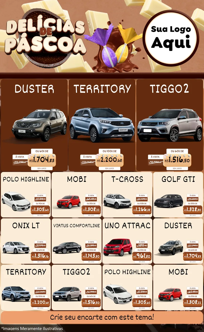 Modelo de Encarte para Encarte Grande com o tema Delícias de Páscoa para Concessionaria de Carros