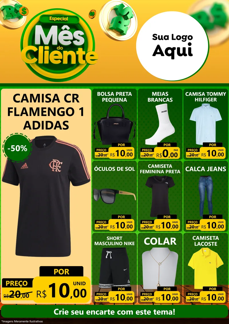 Modelo de Encarte para Encarte A4 Vertical com o tema Especial Mês do Cliente para Roupas e acessórios