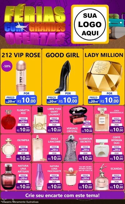 Modelo de Encarte para Encarte Grande com o tema Férias com Grandes Ofertas para Perfumes
