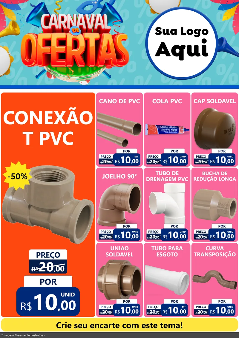 Modelo de Encarte para Encarte A4 Vertical com o tema Carnaval de Ofertas para Tubos e conexões