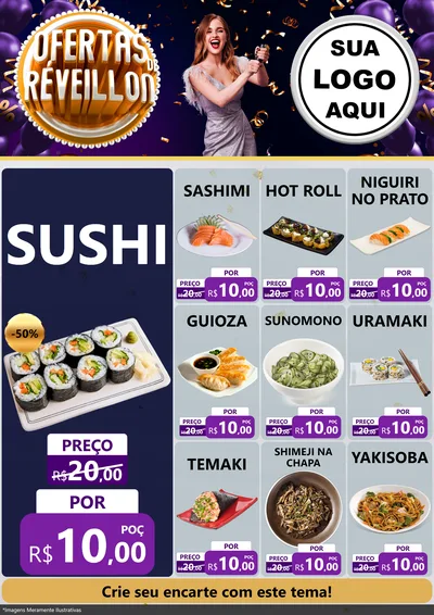 Modelo de Encarte para Encarte A4 Vertical com o tema Ofertas de Réveillon para Comida japonesa