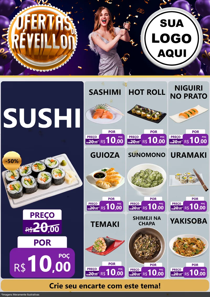 Modelo de Encarte para Encarte A4 Vertical com o tema Ofertas de Réveillon para Comida japonesa