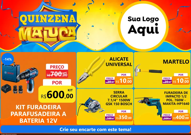 Modelo de Encarte para Encarte A4 Horizontal com o tema Quinzena Maluca para Maquinas e Ferramentas