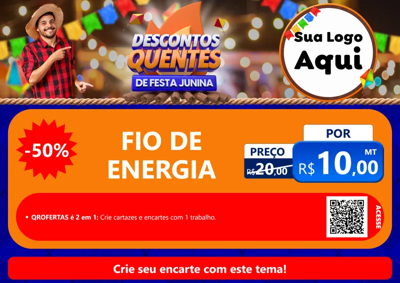 Modelo de Cartaz para Cartaz A4 Horizontal com o tema Descontos Quentes de Festa Junina para Materiais Elétricos
