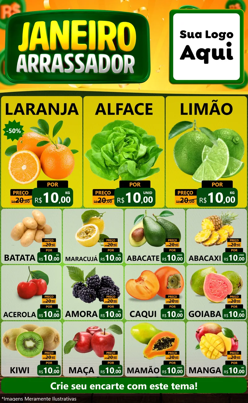 Modelo de Encarte para Encarte Grande com o tema Janeiro Arrasador para Hortifrúti