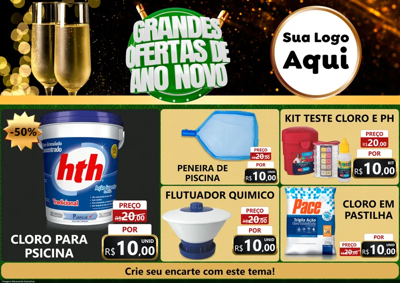 Modelo de Encarte para Encarte A4 Horizontal com o tema Grandes Ofertas de Ano Novo para Produtos para Piscina