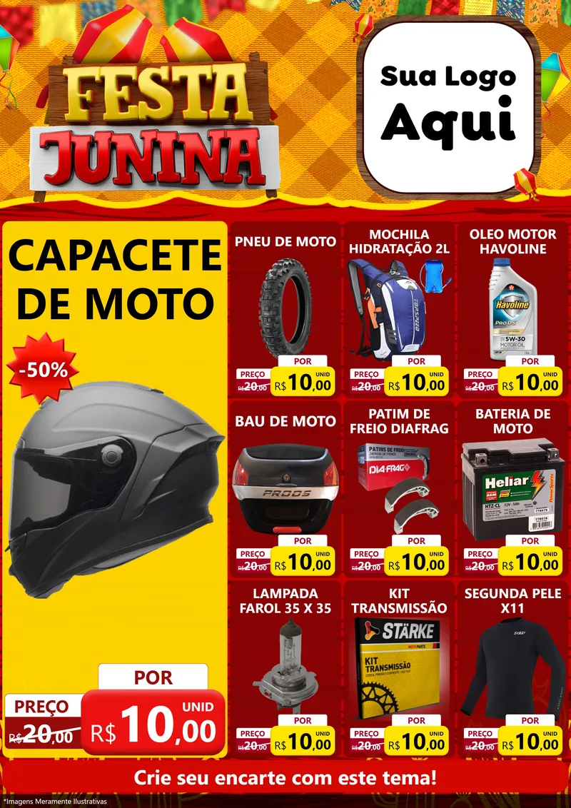 Modelo de Encarte para Encarte A4 Vertical com o tema Festa Junina para Moto peças