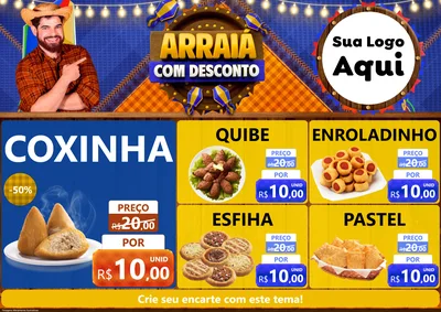 Modelo de Encarte para Encarte A4 Horizontal com o tema Arraiá Com Desconto para Salgadaria