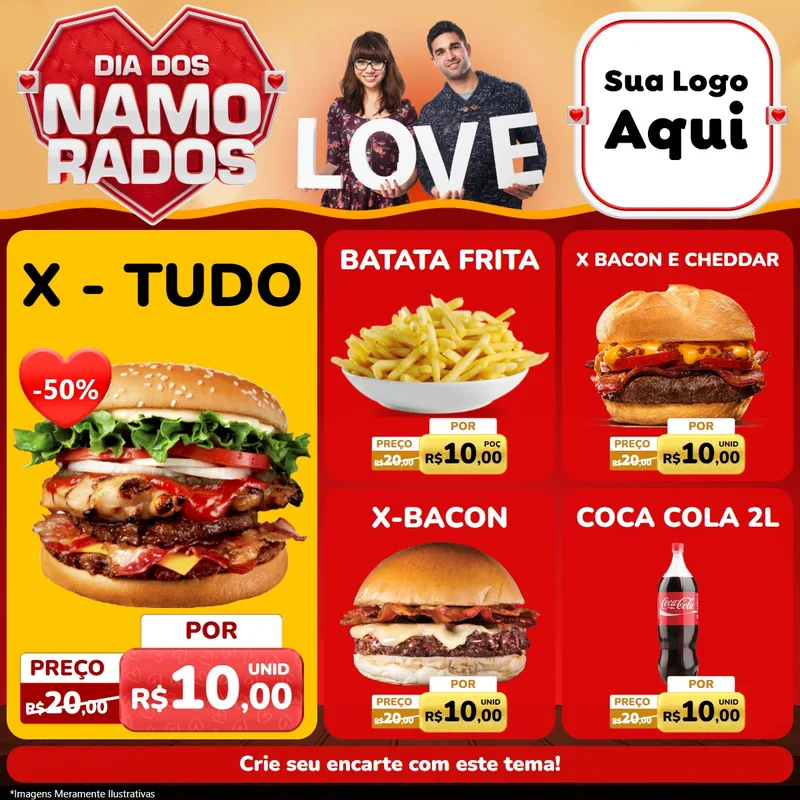 Modelo de Rede Social para Feed Facebook com o tema Dia dos Namorados para Hamburgueria