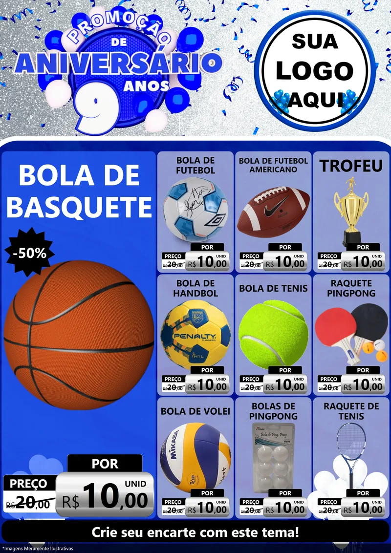 Modelo de Encarte para Encarte A4 Vertical com o tema Promoção de Aniversário - 9 Anos para Artigos Esportivos