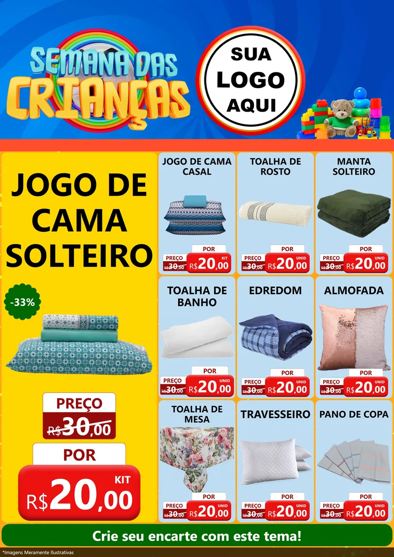 Modelo de Encarte para Encarte A4 Vertical com o tema Semana das Crianças para Cama, Mesa e Banho