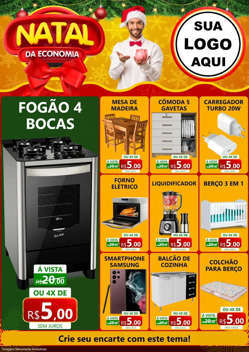 Modelo de Encarte para Encarte A4 Vertical com o tema Natal da Economia para Móveis e Eletro