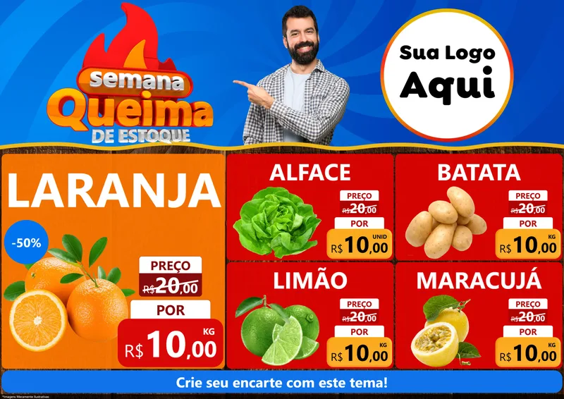 Modelo de Encarte para Encarte A4 Horizontal com o tema Semana Queima de Estoque para Hortifrúti