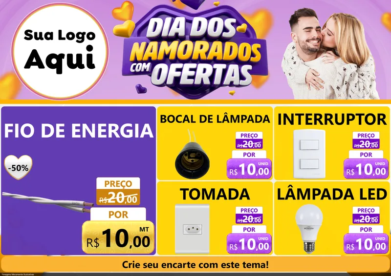 Modelo de Encarte para Encarte A4 Horizontal com o tema Dia Dos Namorados Com Ofertas para Materiais Elétricos