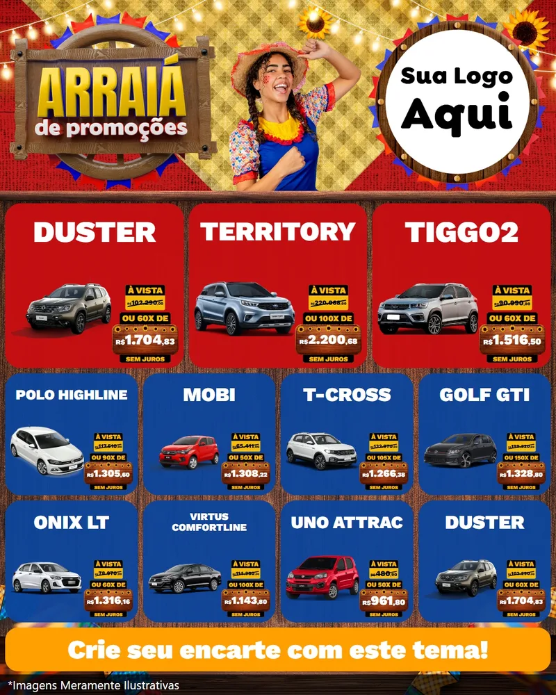 Modelo de Rede Social para Feed Instagram com o tema Arraiá de Promoções para Concessionaria de Carros