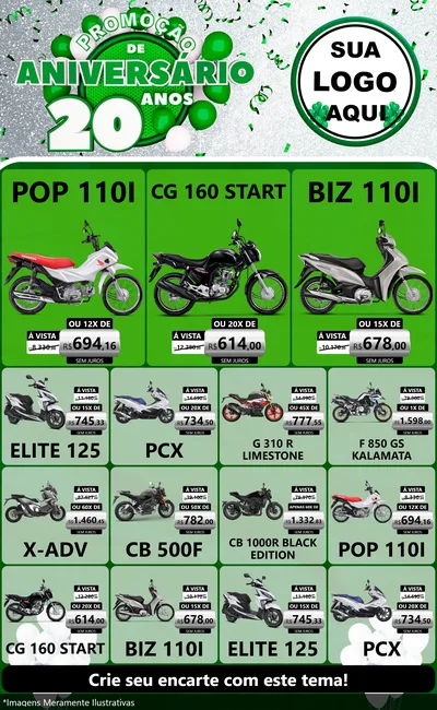 Modelo de Encarte para Encarte Grande com o tema Promoção de Aniversário - 20 Anos para Concessionaria de Motos