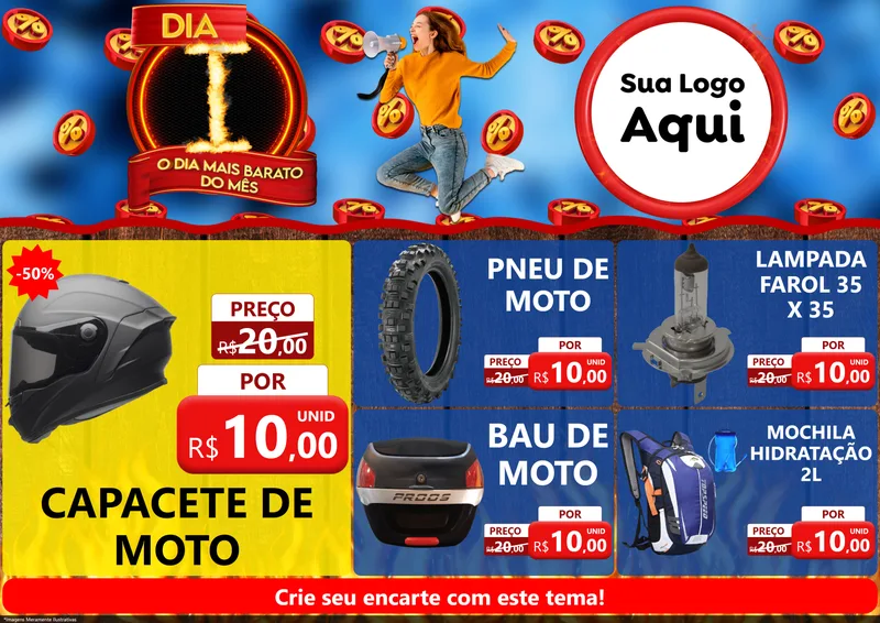 Modelo de Encarte para Encarte A4 Horizontal com o tema Dia I - O Dia Mais Barato Do Mês para Moto peças