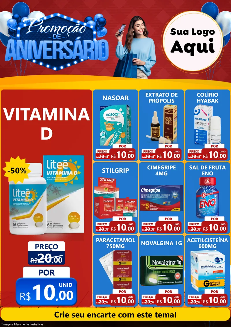 Modelo de Encarte para Encarte A4 Vertical com o tema Promoção de Aniversário para Farmácia