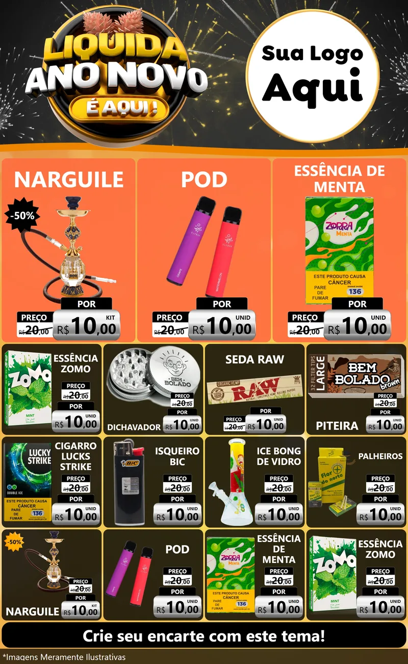 Modelo de Encarte para Encarte Grande com o tema Liquida Ano Novo É Aqui! para Tabacaria