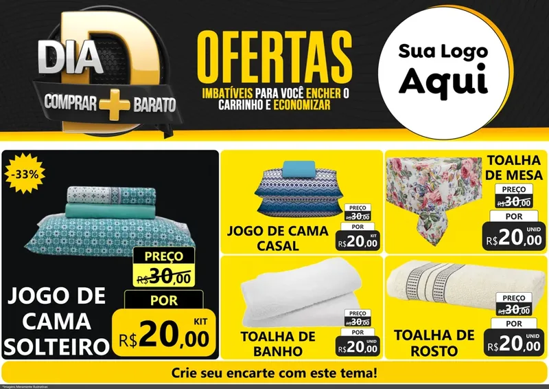 Modelo de Encarte para Encarte A4 Horizontal com o tema Dia D Mais Economia para Cama, Mesa e Banho
