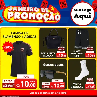 Modelo de Rede Social para Feed Facebook com o tema Janeiro de Promoção para Roupas e acessórios