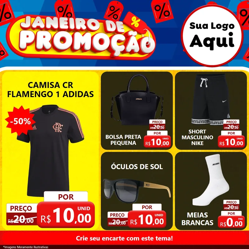 Modelo de Rede Social para Feed Facebook com o tema Janeiro de Promoção para Roupas e acessórios
