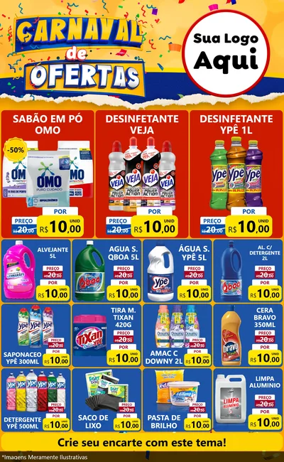 Modelo de Encarte para Encarte Grande com o tema Carnaval de Ofertas para Produtos de Limpeza