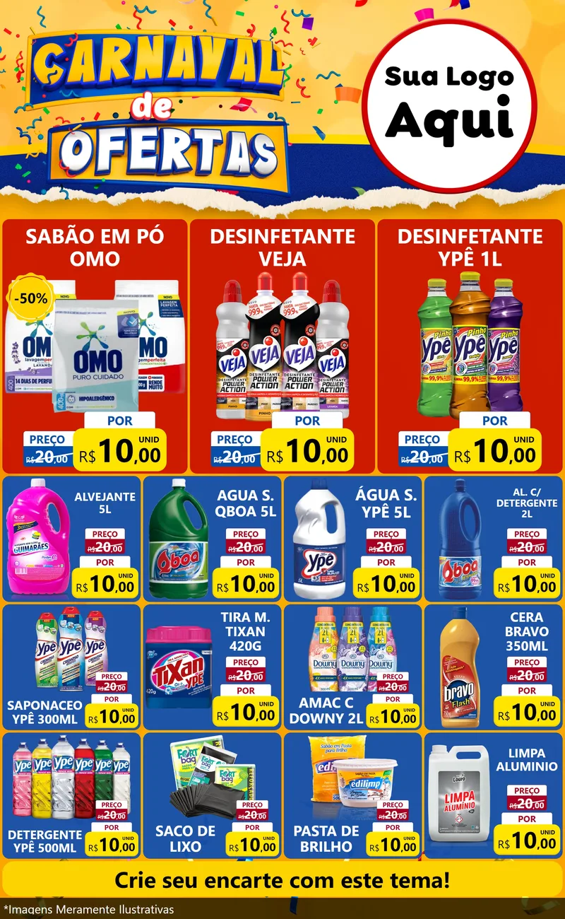 Modelo de Encarte para Encarte Grande com o tema Carnaval de Ofertas para Produtos de Limpeza
