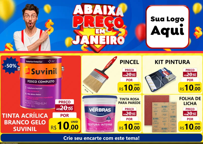 Modelo de Encarte para Encarte A4 Horizontal com o tema Abaixa Preço em Janeiro para Tintas e Ferramentas