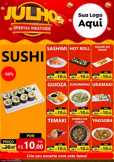 Modelo de Encarte para Encarte A4 Vertical com o tema Julho Ofertas Imbatíveis para Comida japonesa