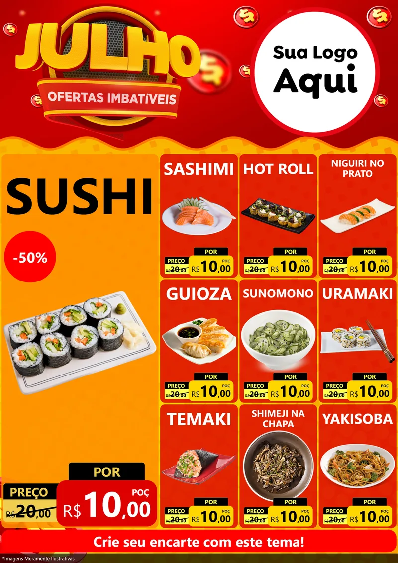 Modelo de Encarte para Encarte A4 Vertical com o tema Julho Ofertas Imbatíveis para Comida japonesa