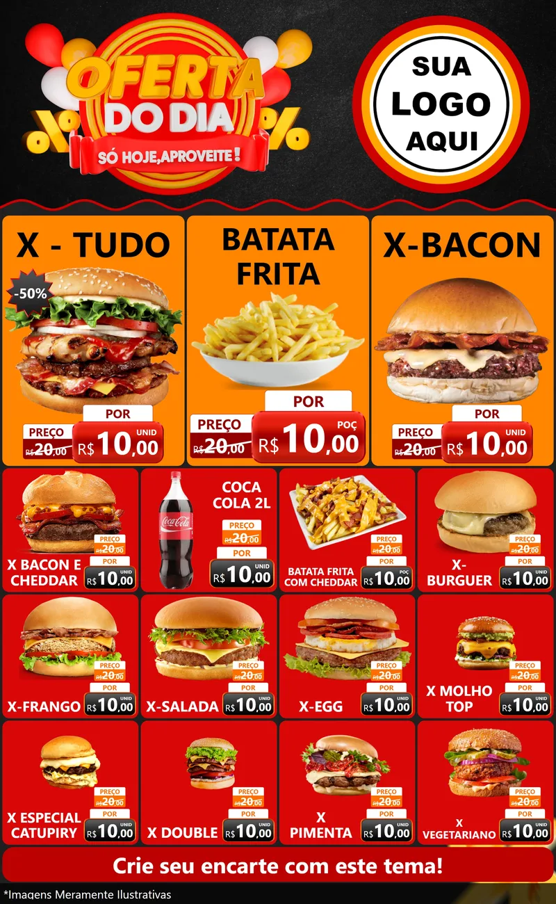 Modelo de Encarte para Encarte Grande com o tema Oferta do Dia - Só hoje, Aproveite! para Hamburgueria