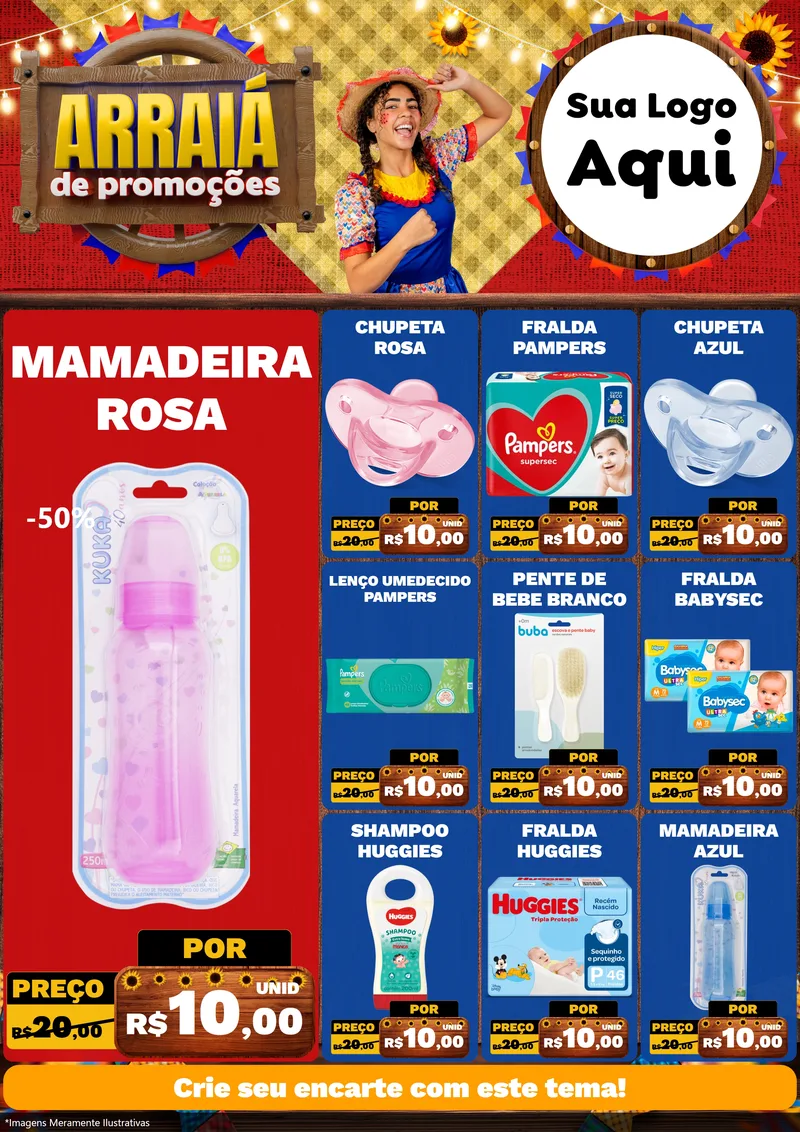 Modelo de Encarte para Encarte A4 Vertical com o tema Arraiá de Promoções para Bebês