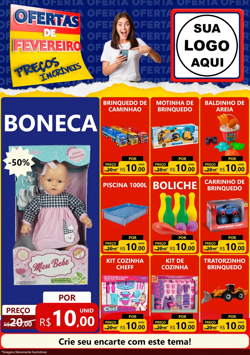 Modelo de Encarte para Encarte A4 Vertical com o tema Ofertas de Fevereiro - Preços Incríveis para Brinquedos