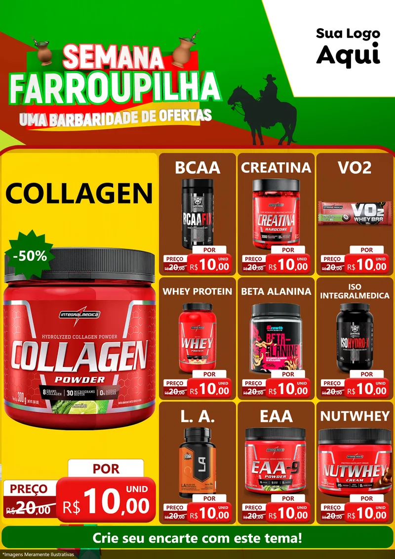 Modelo de Encarte para Encarte A4 Vertical com o tema Semana Farroupilha - Uma Barbaridade de Ofertas para Suplementos alimentares