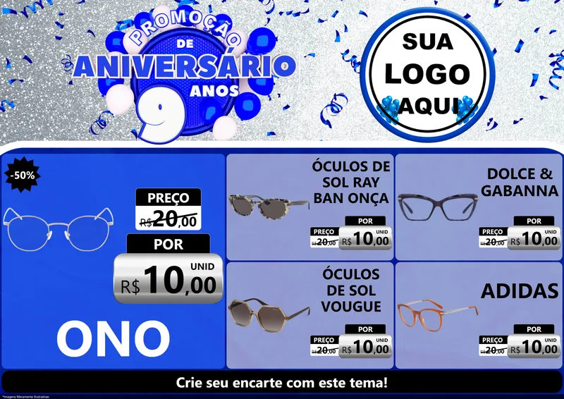 Modelo de Encarte para Encarte A4 Horizontal com o tema Promoção de Aniversário - 9 Anos para Óticas