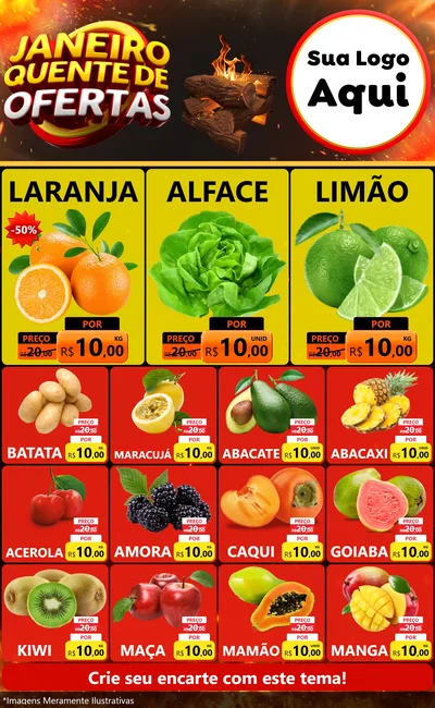 Modelo de Encarte para Encarte Grande com o tema Janeiro Quente de Ofertas para Hortifrúti
