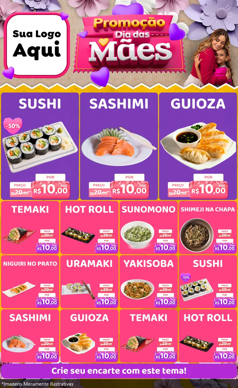 Modelo de Encarte para Encarte Grande com o tema Promoção Dia das Mães para Comida japonesa