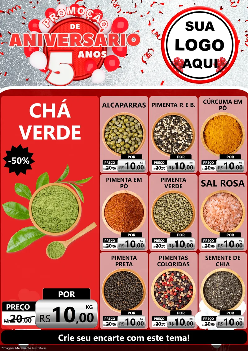 Modelo de Encarte para Encarte A4 Vertical com o tema Promoção de Aniversário - 5 Anos para Produtos Naturais