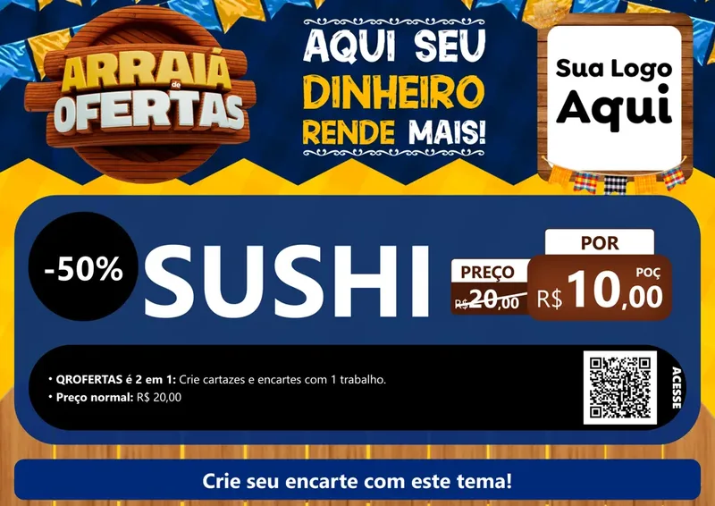 Modelo de Cartaz para Cartaz A4 Horizontal com o tema Arraiá de Ofertas - Junina para Comida japonesa